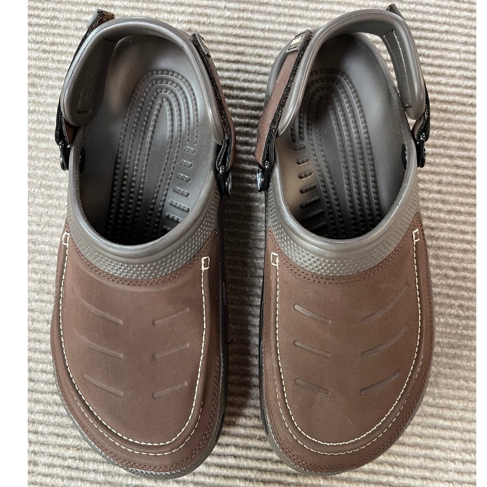 Crocs Yukon Sport Mens Clogs Espresso Brown Leather Upper Adjustable Strap Sz 9